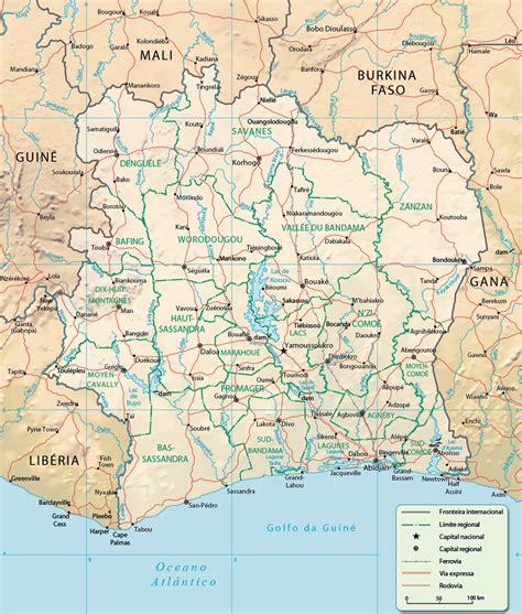 Código de área de longa distância chamada voip, mobile / cellular localizador e número de telefone costa do marfim. Mapa Físico da Costa do Marfim