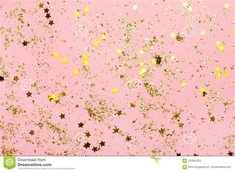 Pink Confetti And Golden Stars And Sparkles On Pink Background Stock