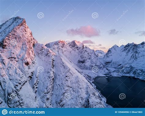Drone Photo Sunrise Over The Mountains Of The Lofoten Islands Reine