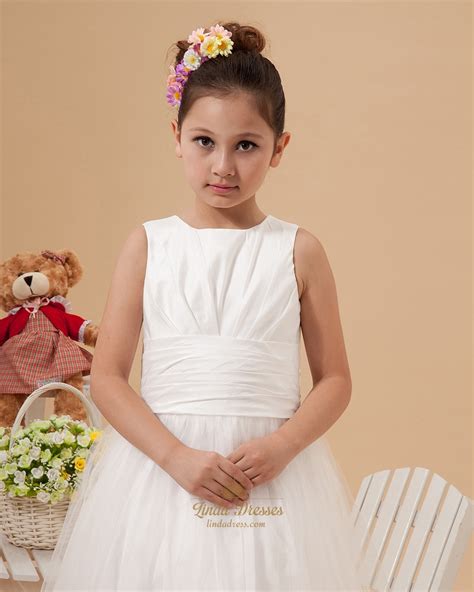 Ivory Satin And Tulle Floor Length Flower Girl Dress With Elegant Bow