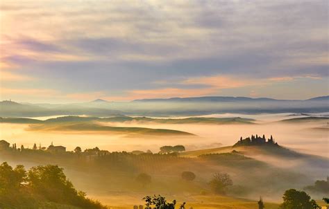 Photo Wallpaper Fog Dawn Field Morning Italy Meadows Tuscany