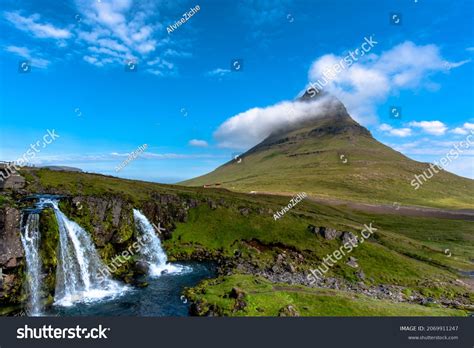 View Mount Kirkjufell Kirkjufellsfoss Waterfall Grundarfjordur Stock