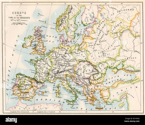 Map Of Europe During The Crusades 1000 To 1200 Ad Color Lithograph