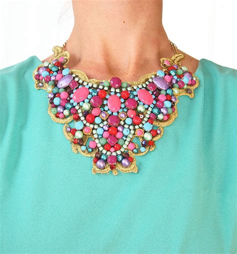 Statement Necklace Gold Lace With Mint Teal Pink Magenta Etsy Gold