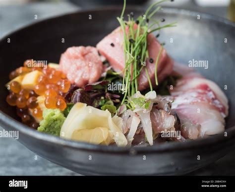 Kaisendon Typical Japanese Raw Fish Meal Served In A Bowl Stock Photo
