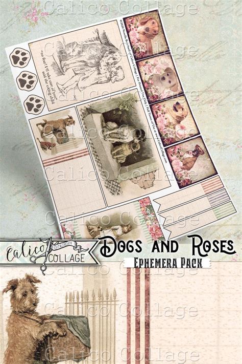 Dogs And Roses Junk Journal Ephemera Pack Collage Sheet Etsy