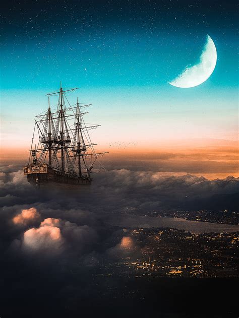 Vessel Sailing City Boat Clouds Marine Moon Ship Sky Stars Town