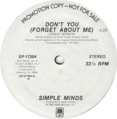 Simple Minds Dont You Forget About Me Vinyl 12 33 ⅓ Rpm Promo