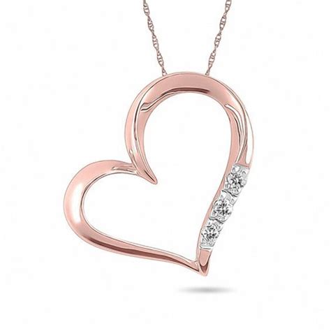 Diamond Accent Three Stone Tilted Heart Pendant In 10k Rose Gold