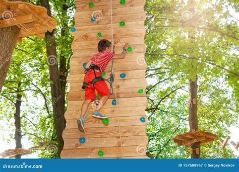 Boy Rock Climb High In The Rope Adventure Park Stock Image Image Of