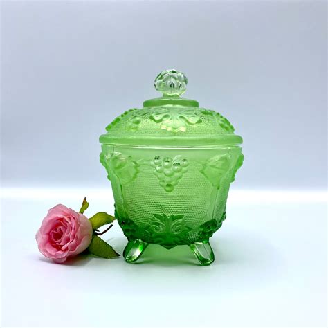 vintage jeannette glass frosted green 3 footed candy dish w etsy