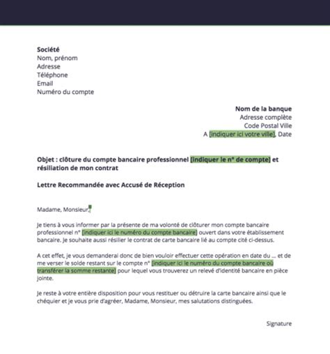 Modèle Lettre Clôture Compte Bancaire Professionnel GRATUIT