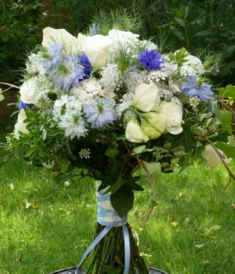 Handtied Bouquet With Sweetpeas White And Blue Nigella Blue