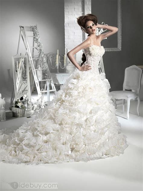 Strapless Floor Length Cathedral Tiered Wedding Dress Tiered Wedding