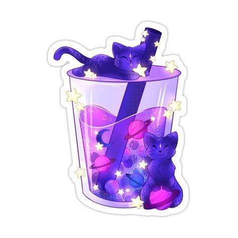 Purple Galaxy Cats Boba Tea Sticker By Averiillustrate Cute Stickers
