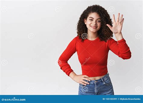 Girl Saying Goodbye Waving Palm Bye Gesture Smiling Friendly Hold Arm