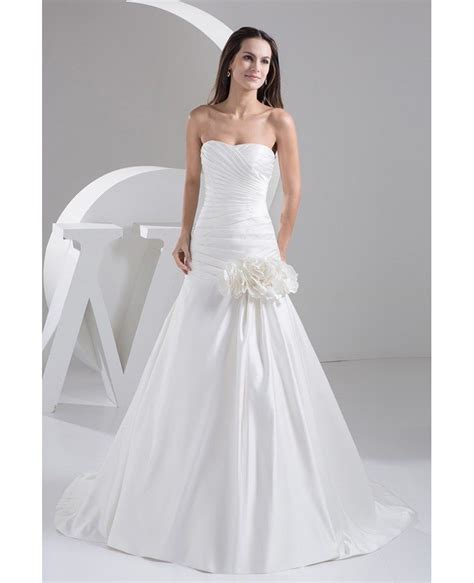 Simple Strapless Pleated Satin Fit And Flare Wedding Dress With Flowers