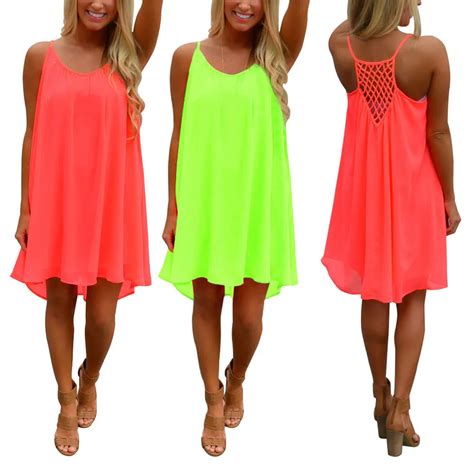 2015 Women Sexy Neon Beach Short Dress Desigual Maxi Mesh Clubwear Robe Casual Flowy Summer
