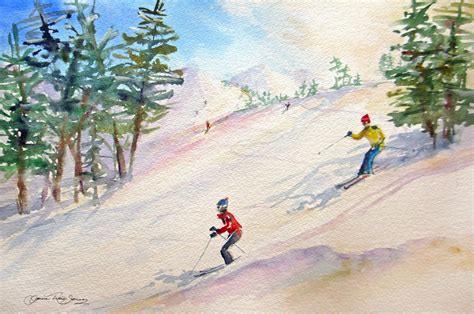 Reserved For Sandy Original Watercolor Painting Skiing Snow