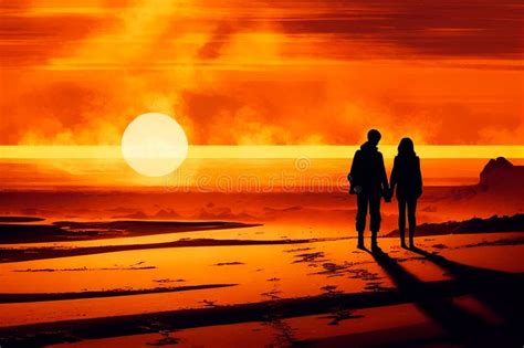Loving Couple Embracing And Looking Moon On The Beach In Sunset Sky