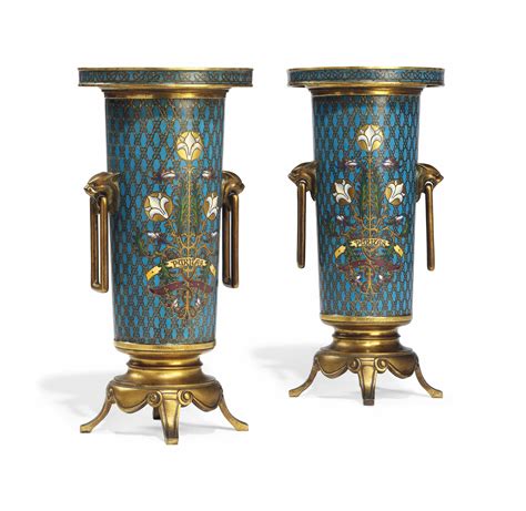 A Pair Of French Ormolu And Cloisonne Enamel Vases By Barbedienne