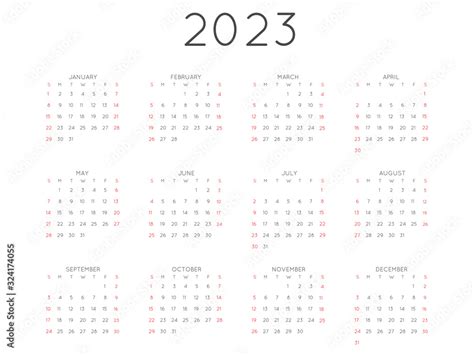 Calendar 2023 Year Simple Style Planner Week Starts On Sunday Vector