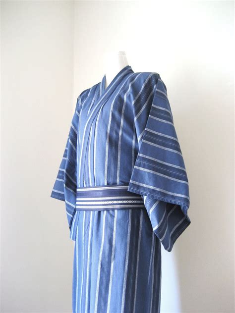 Mens Kimono For Summer Yukata Samurai Robe Cotton Blue Stripe Etsy