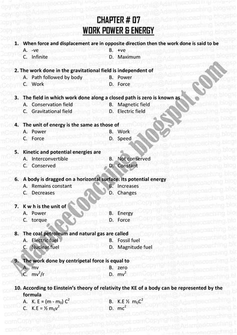 ENTRY TEST MCQ S AND NOTES FOR XI AND XII Physics Sindh Board XI Work Power And Energy Mcqs
