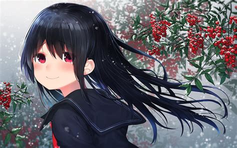 Anime Girl Black Hair Smiling Snow Winter School Uniform Red Eyes