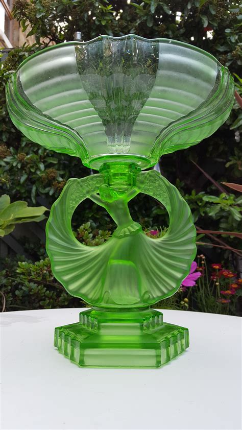 Art Deco Uranium Green Dancing Lady Comport Glass Garden Art Art Deco Glassware Art Deco Glass