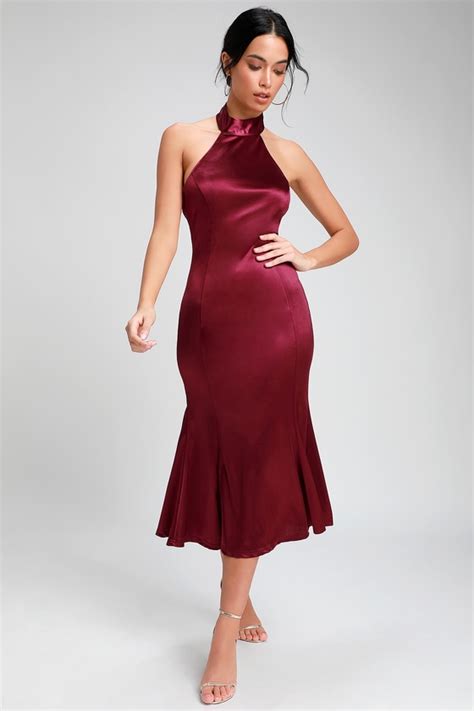 Chic Burgundy Dress Satin Dress Halter Dress Midi Dress Lulus