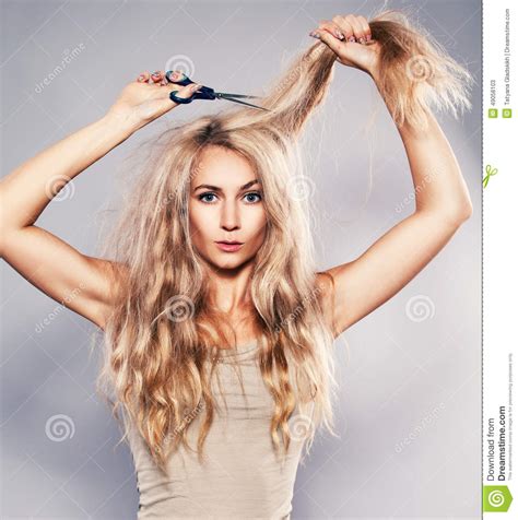 Woman Cut Her Long Hair Stock Image Image Of Care Health 49058103