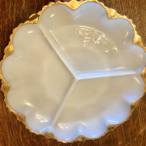 Fire King Milk Glass Gold Trim Relish Divided Plate Dining Etsy