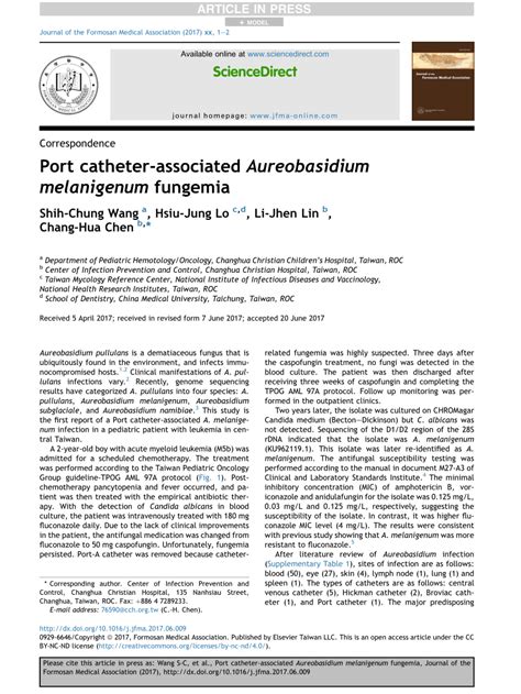 Pdf Port Catheter Associated Aureobasidium Melanigenum Fungemia