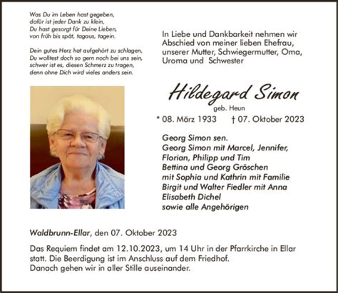 Traueranzeigen Von Hildegard Simon Vrm Trauerde
