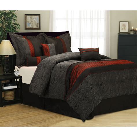 Wood veneer gives you the same look, feel and beauty as solid wood with unique variations in grain, color and texture.this versatile bed frame will look great with your choice of textiles and bedroom furniture.you can sit up comfortably in. 7-Piece Bedding Comforter Set QUEEN SIZE BLACK/RED SHAMS ...