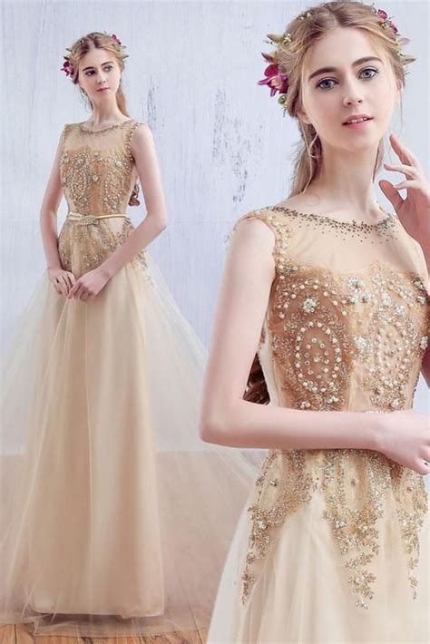 Champagne V Neck Tulle Lace Long Wedding Dress Tulle Prom Dress