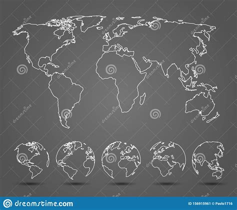 Earth Set One Line Globes With World Map Vector Stock Vector