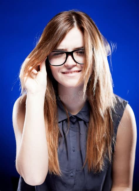 Strict Young Woman With Nerd Glasses Giddy Grimace Stock Photo Image
