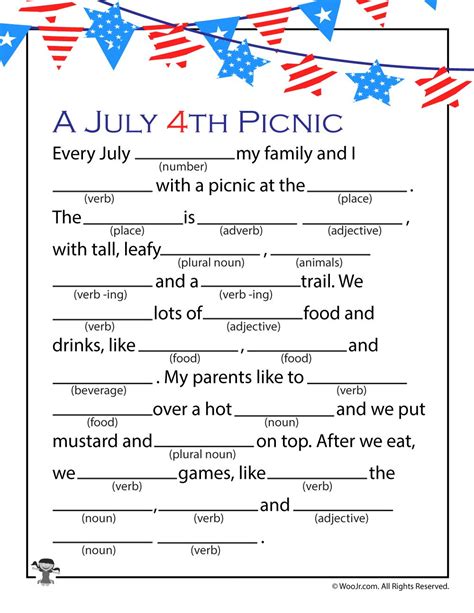 You can use fun questions about the 4th of july as a quiz for people learning about holidays or american history. A July 4th Picnic Mad Libs to Print | July game, 4th of ...