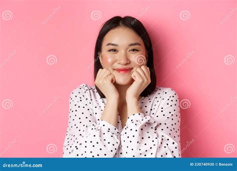 Beauty And Lifestyle Concept Close Up Of Adorable Asian Woman Showing Puffy Cheeks Smiling And