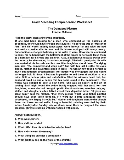 Reading Comprehension Worksheets 5th Grade — Db