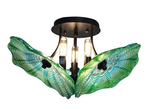 Three Light Semi Flush Mount Large Plates Of Favrile Art Glass Are Hand Blown In C Stained