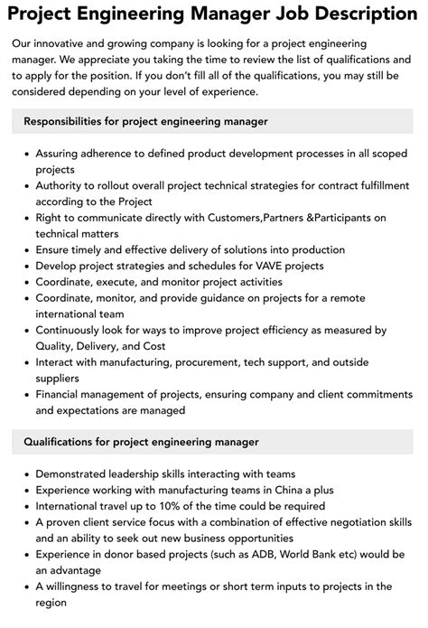 Project Engineering Manager Job Description Velvet Jobs