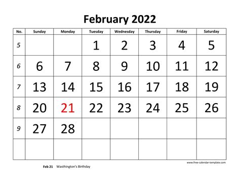 February 2022 Calendar Designed With Large Font Horizontal Free