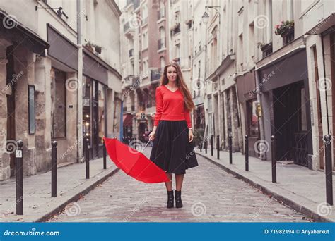 Portrait Of Girl With Red Umbrella In Paris Stock Photo Image Of Lady
