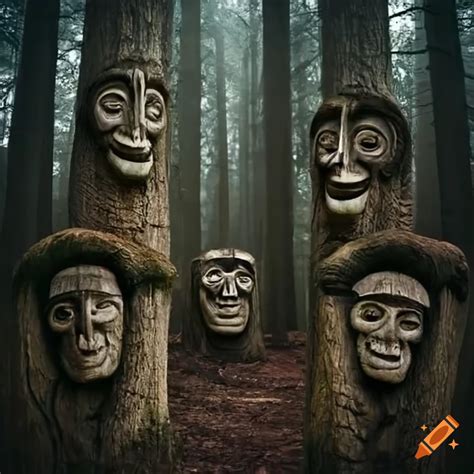 Artistic Depiction Of Trees With Carved Human Faces In A Dark Forest On