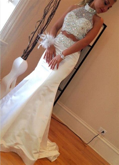 Buy Beautiful Long White Prom Dresses 2016 Mermaid Two Piece Beading Rhinestone