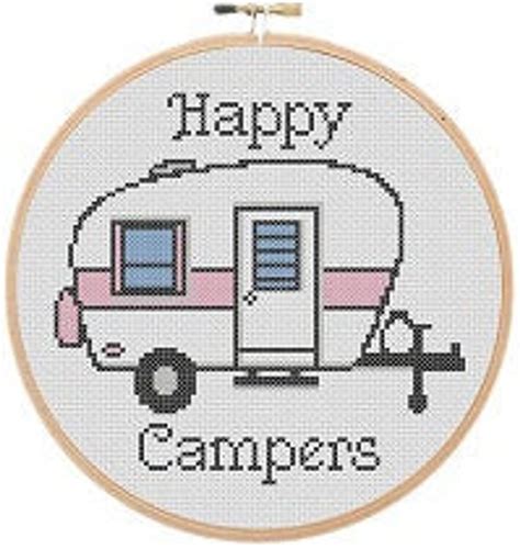 A Cross Stitch Pattern With The Words Happy Campers In Front Of A White