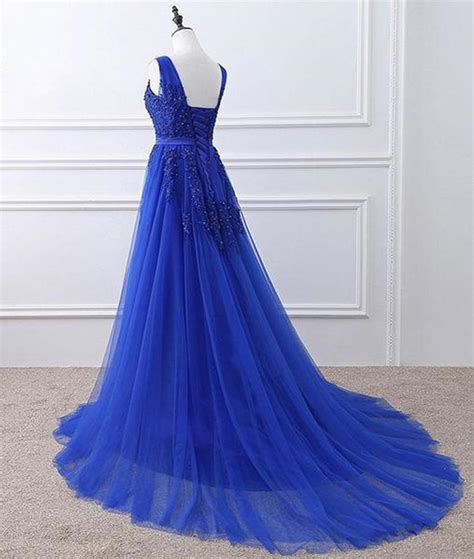 A Line V Neck Royal Blue Lace Prom Dresses Royal Blue Lace Formal Dre